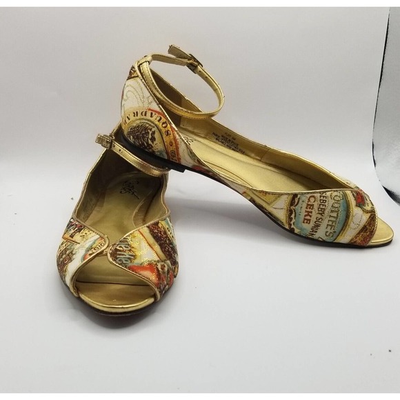 Carlos Santana Flirt Multicolor Gold Accent Peep Toe Ankle Strap Flats Size 6 - Picture 1 of 12